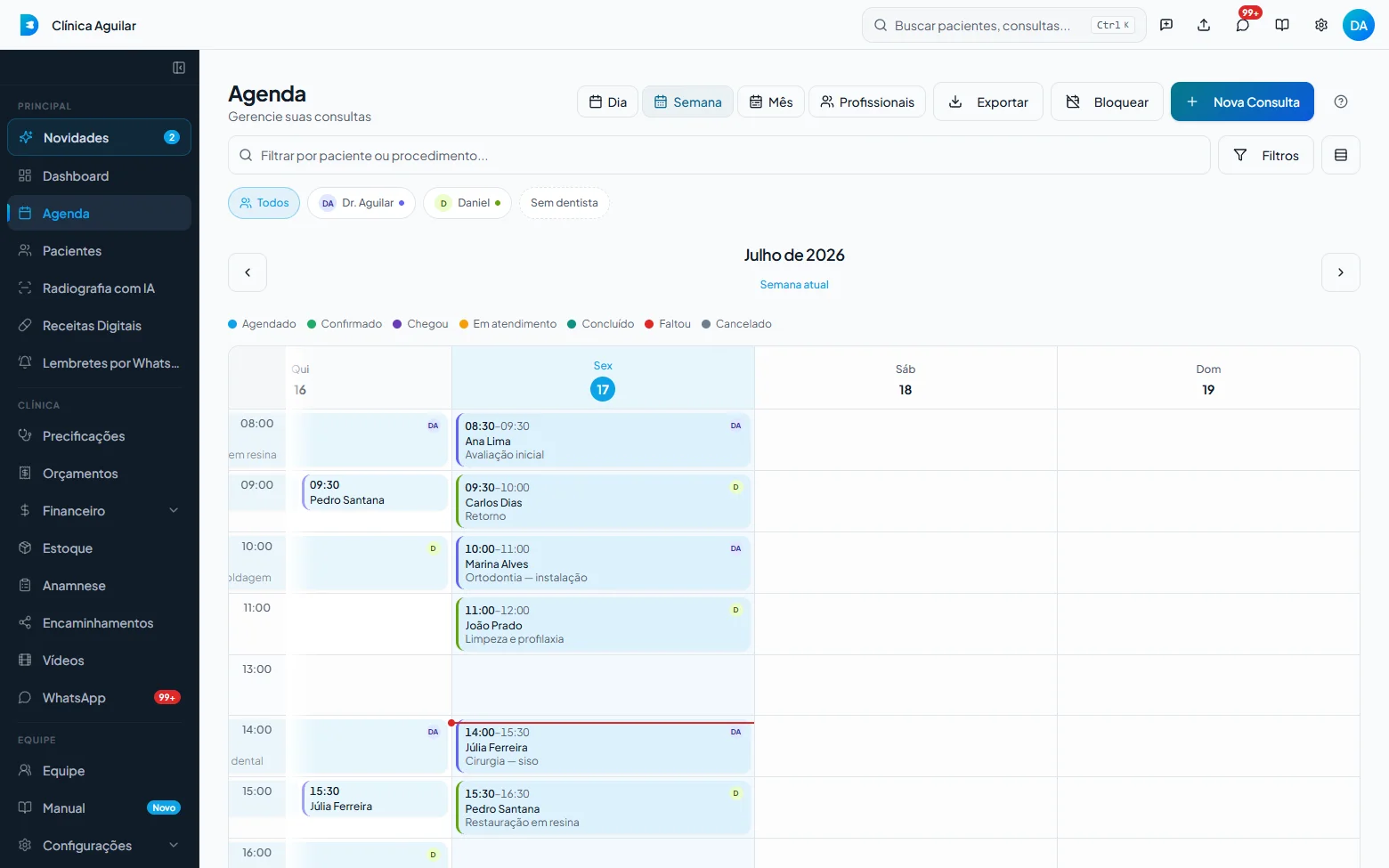 Agenda semanal do Densist com consultas por status